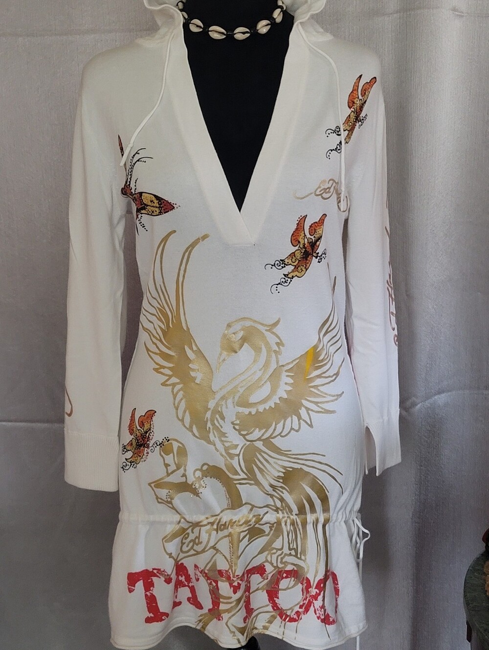 White Graphic V-Neck Tunic with Gold Phoenix and Red Tattoo Script